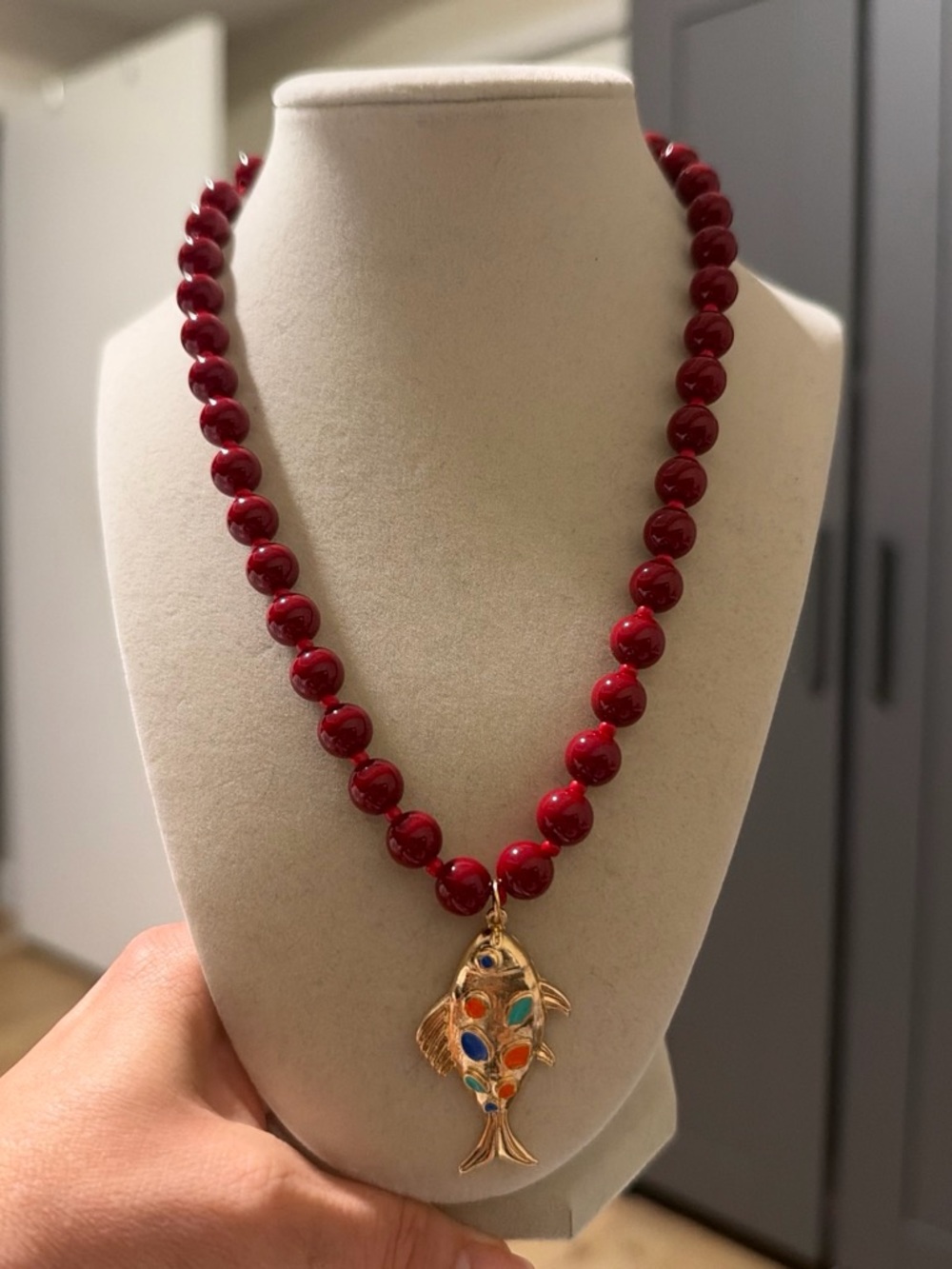 Red Beaded Necklace with Multicolor Fish Pendant